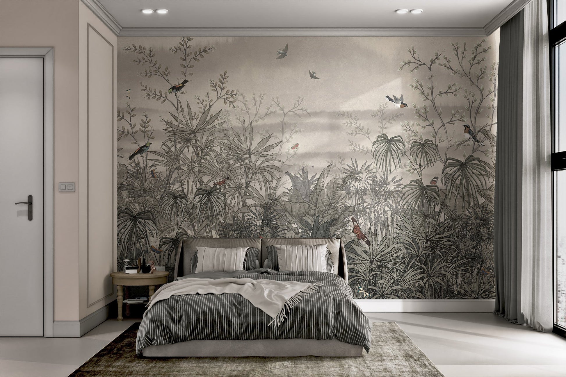 Grey botanical wall mural showing trees and birds for a minimalist bedroom.