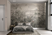 Grey botanical wall mural showing trees and birds for a minimalist bedroom.