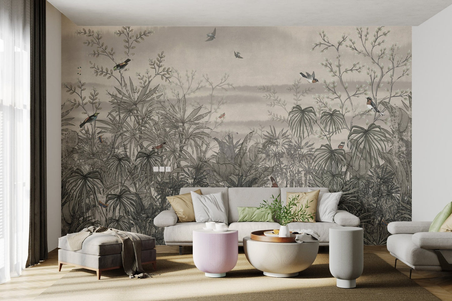 Vintage wall design featuring elegant forest branches in living room.