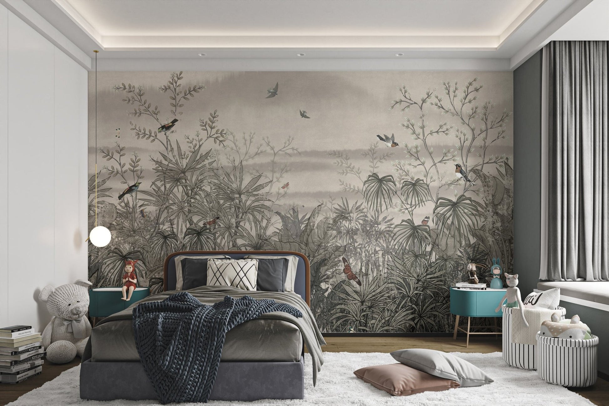 Nature themed grey forest wall mural with trees and birds for bedroom. 