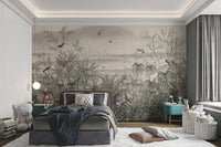 Nature themed grey forest wall mural with trees and birds for bedroom. 