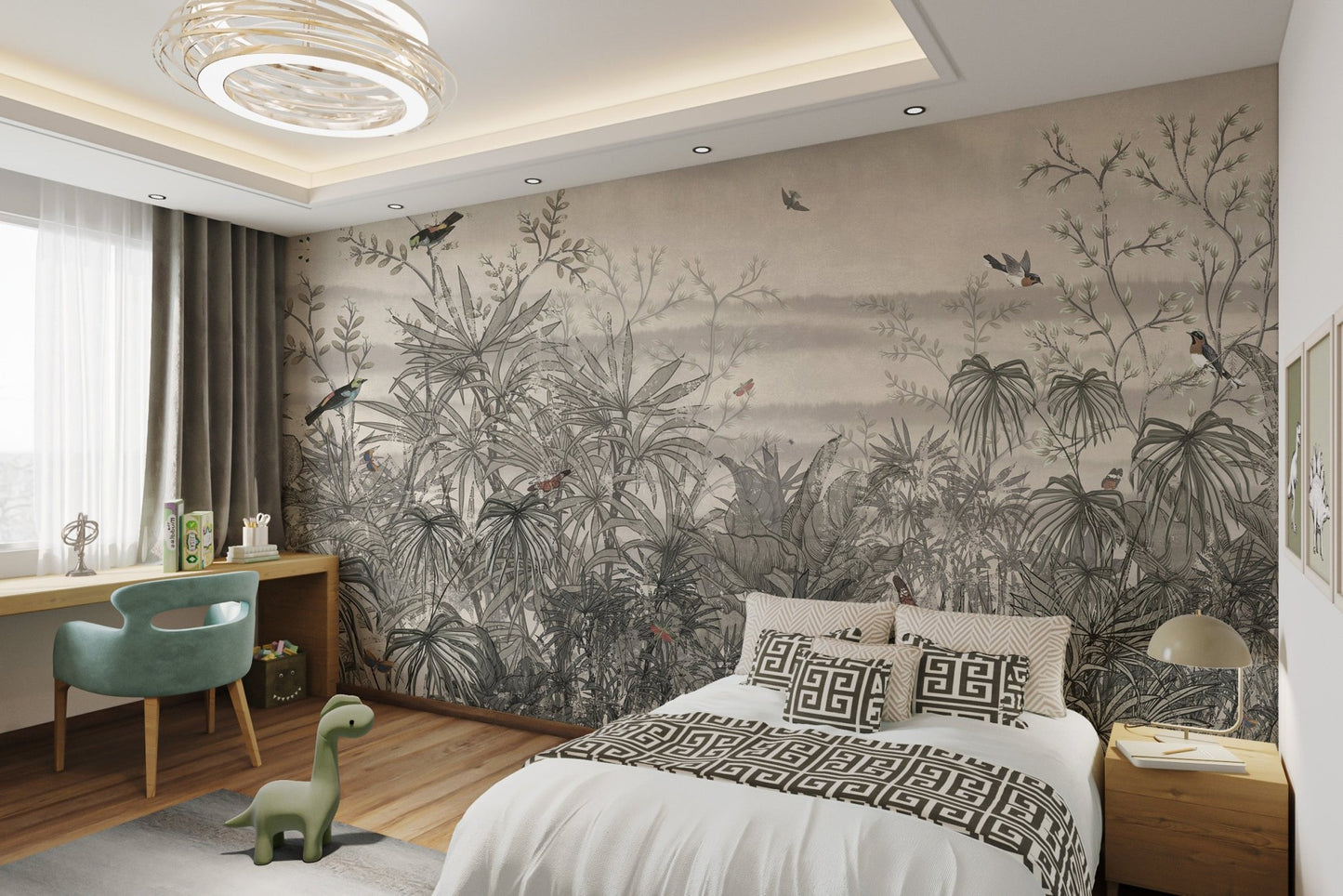 Large scale vintage jungle wall mural in muted grey tones for a master bedroom.
