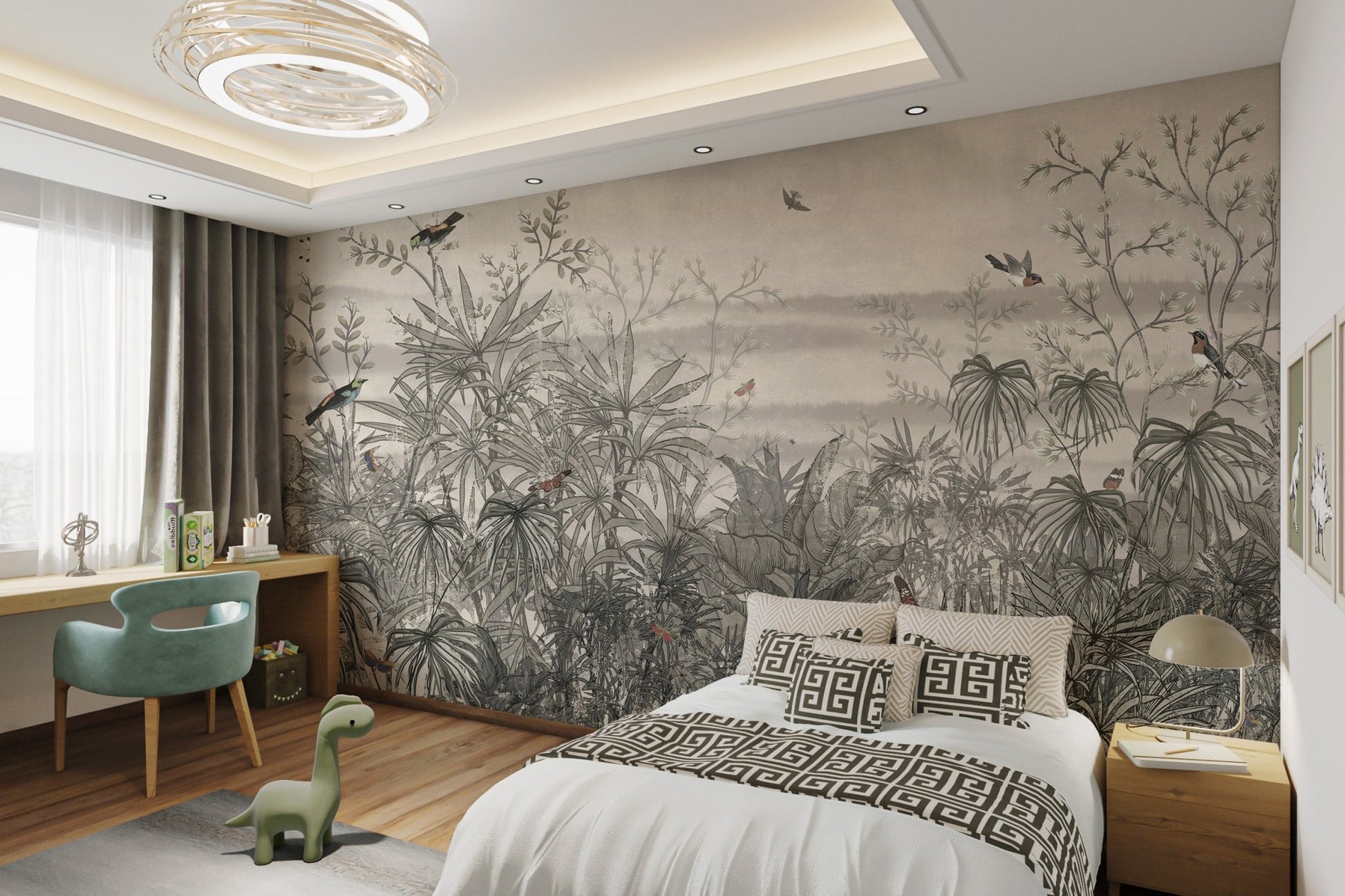 Large scale vintage jungle wall mural in muted grey tones for a master bedroom.