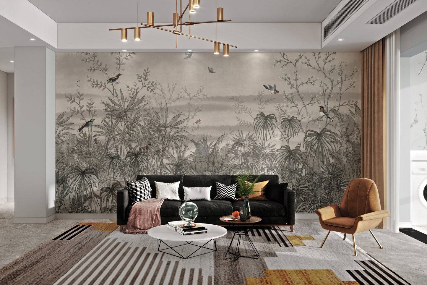 Grey and muted green tropical forest mural for a residential living space.