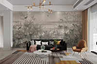 Grey and muted green tropical forest mural for a residential living space.