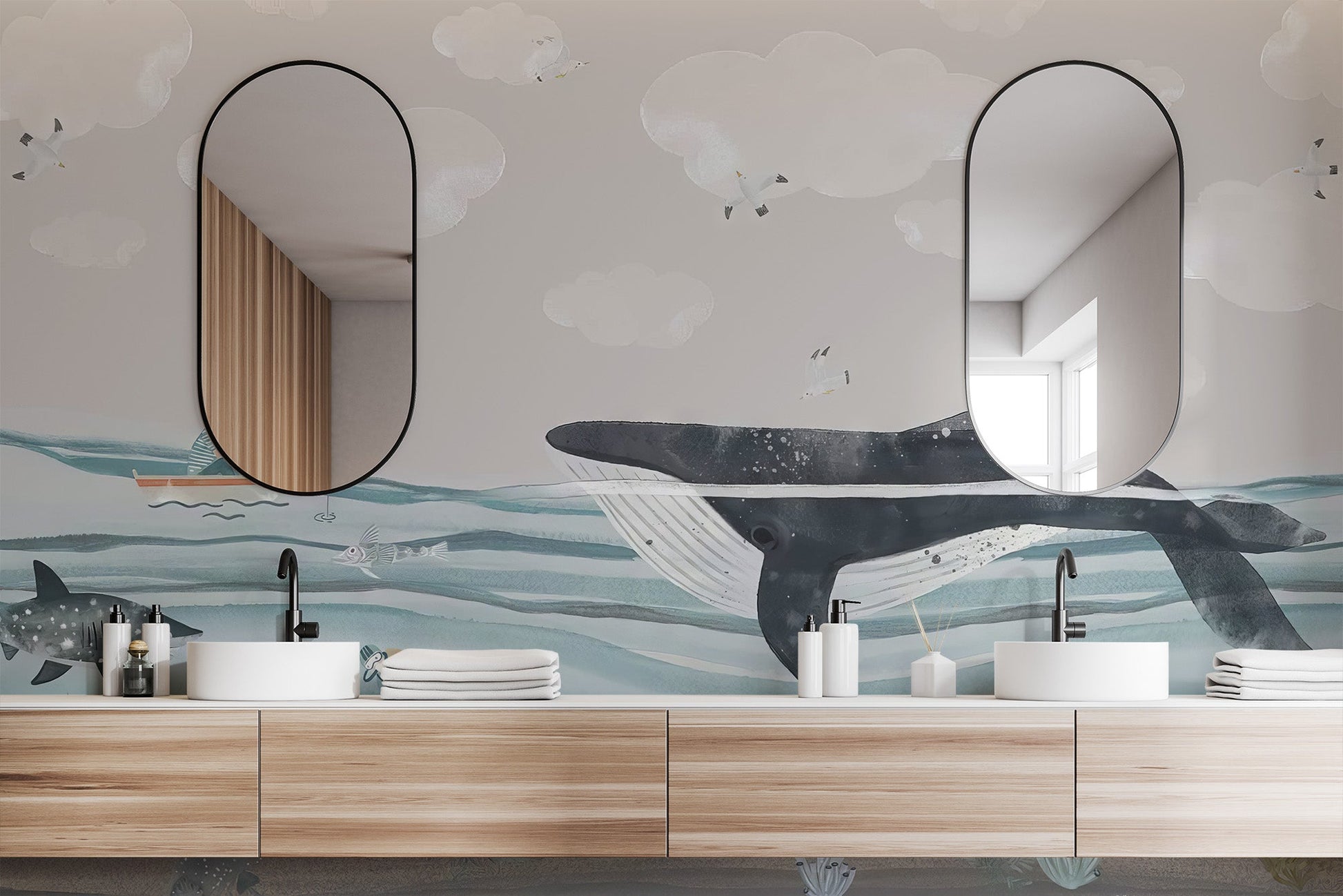 Big whale kids wallpaper mural including schools of fish and underwater plants.