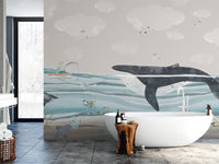 Watercolor sea life kids wallpaper featuring a whale and a friendly dolphin.