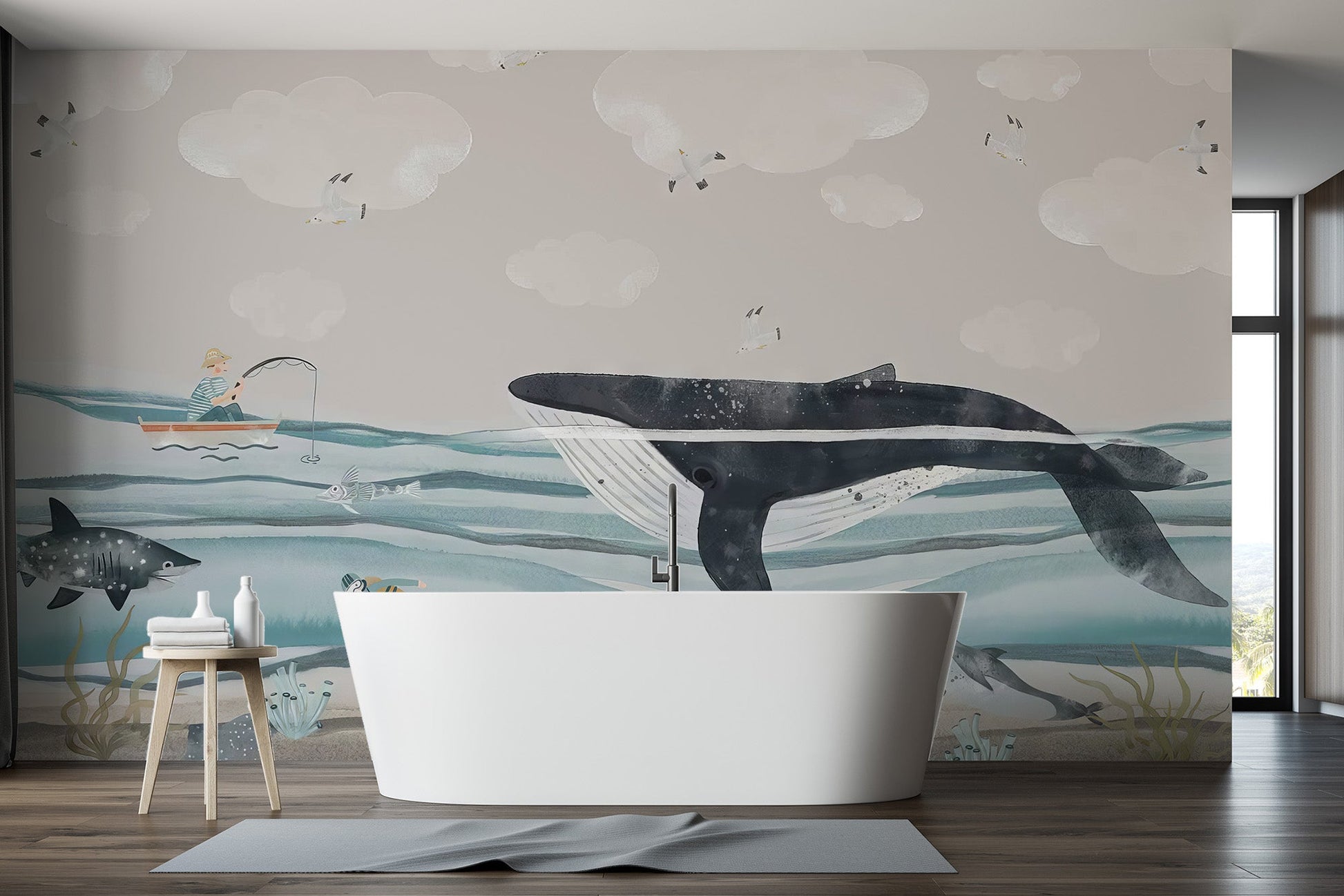 Big whale kids wallpaper mural with white clouds and seagulls in the sky.