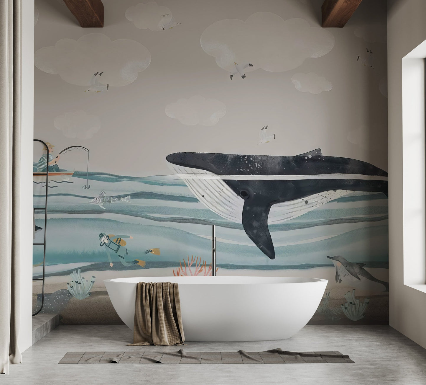 Big whale kids wallpaper mural showing a large blue whale and coral reefs.
