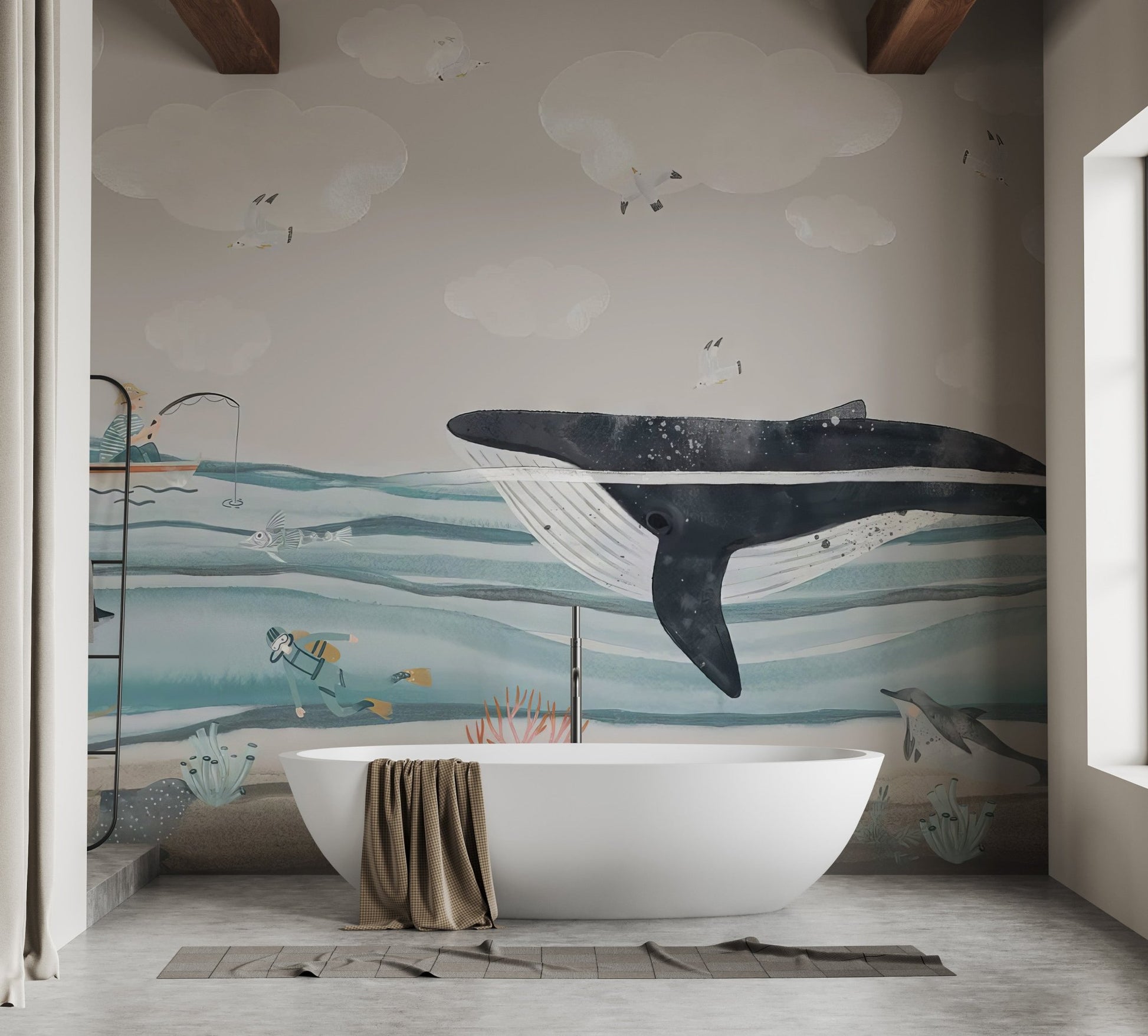 Big whale kids wallpaper mural showing a large blue whale and coral reefs.
