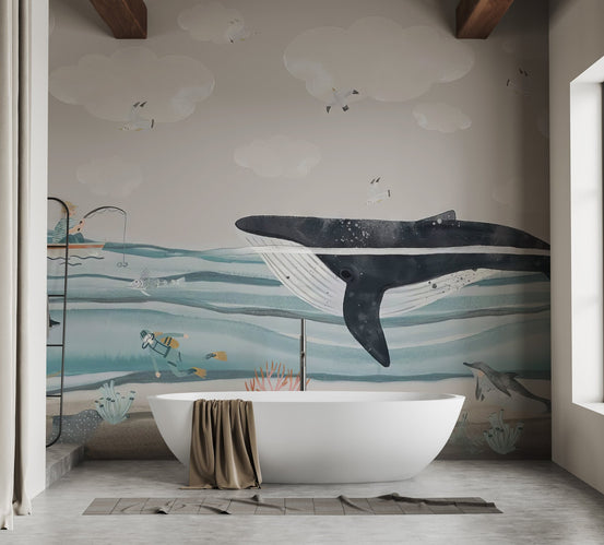 Big whale kids wallpaper mural showing a large blue whale and coral reefs.