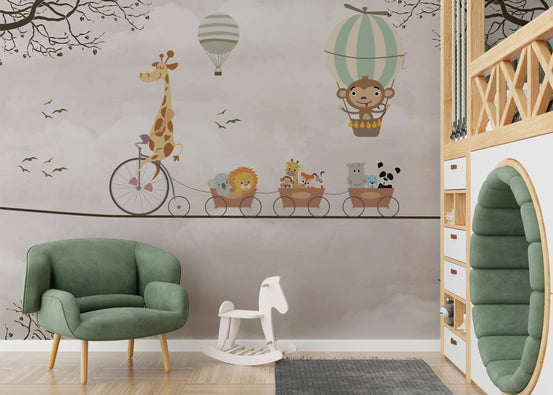 Giraffe on a bicycle wallpaper murals with animal carts.