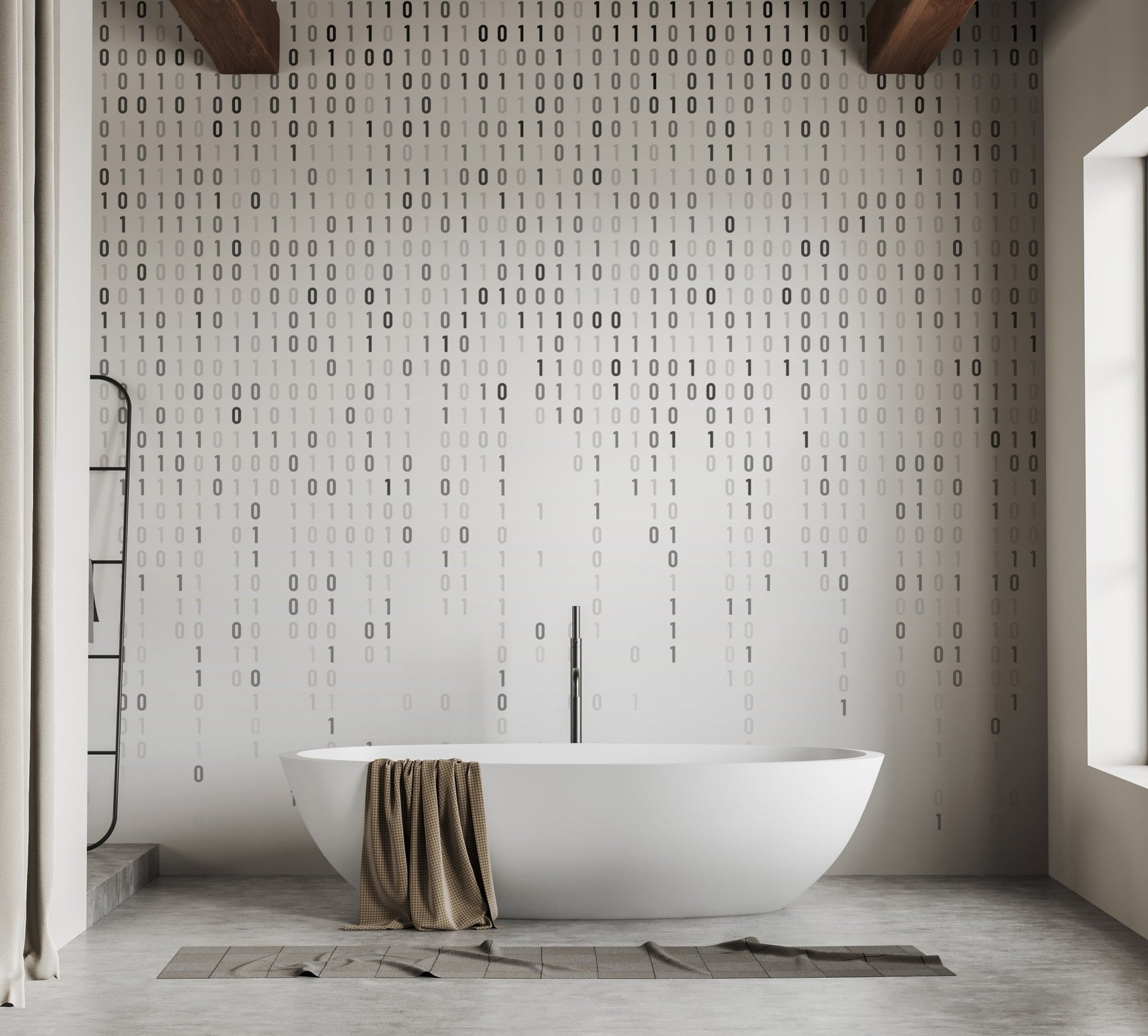 Digital matrix style wall mural featuring binary code layout.