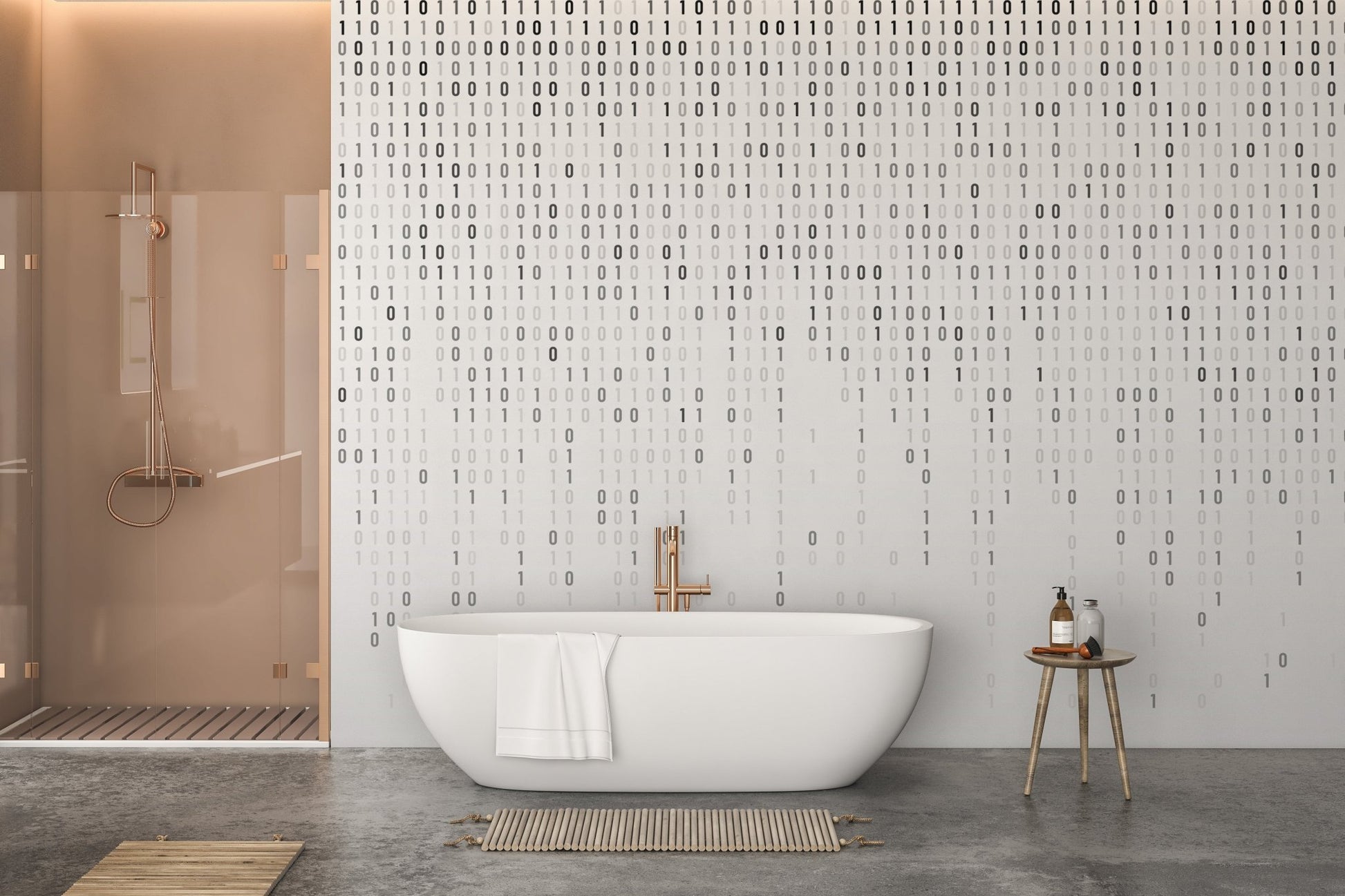 Monochrome binary wall mural with structured tech aesthetic.
