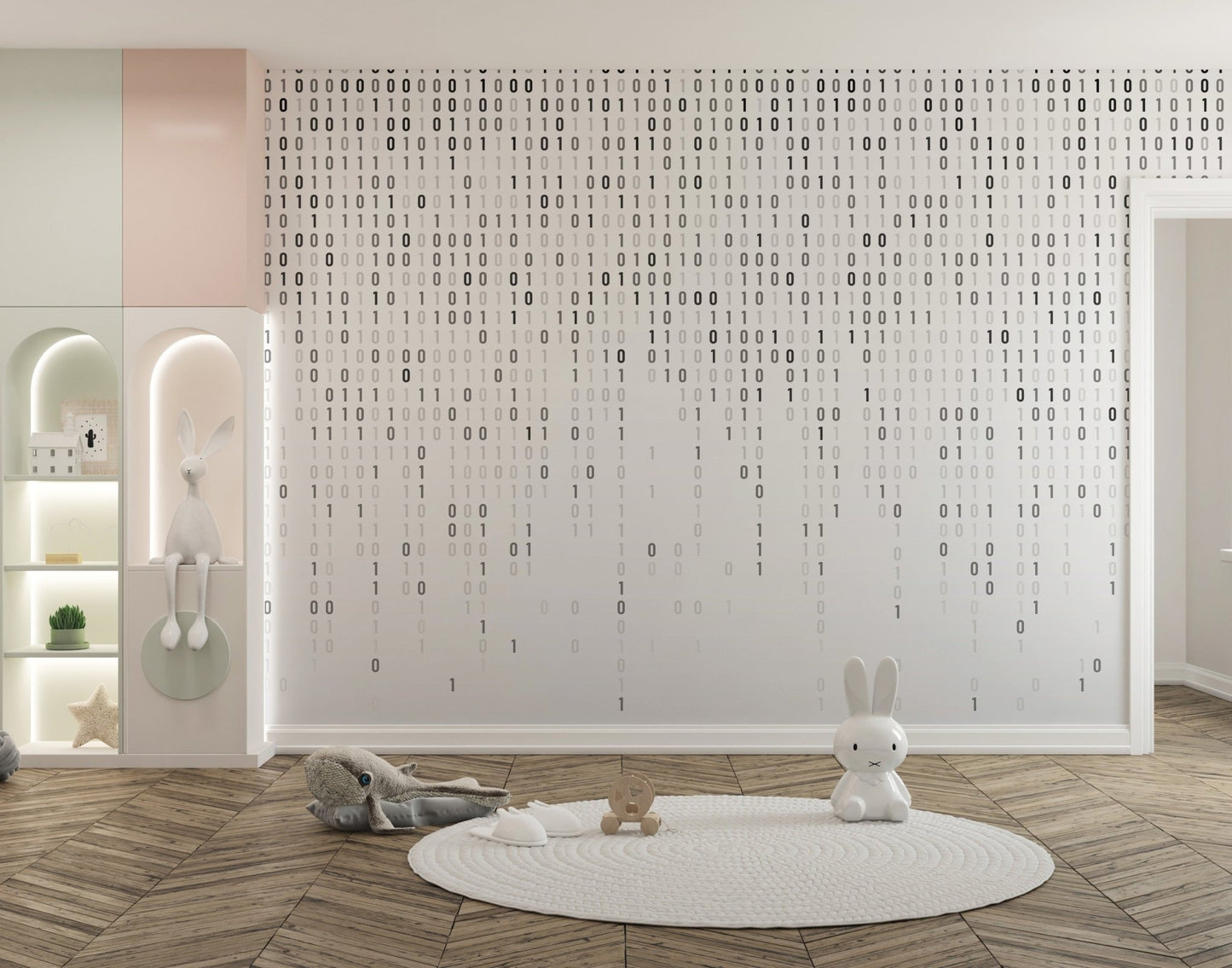 Binary code wallpaper mural in sleek grayscale design.