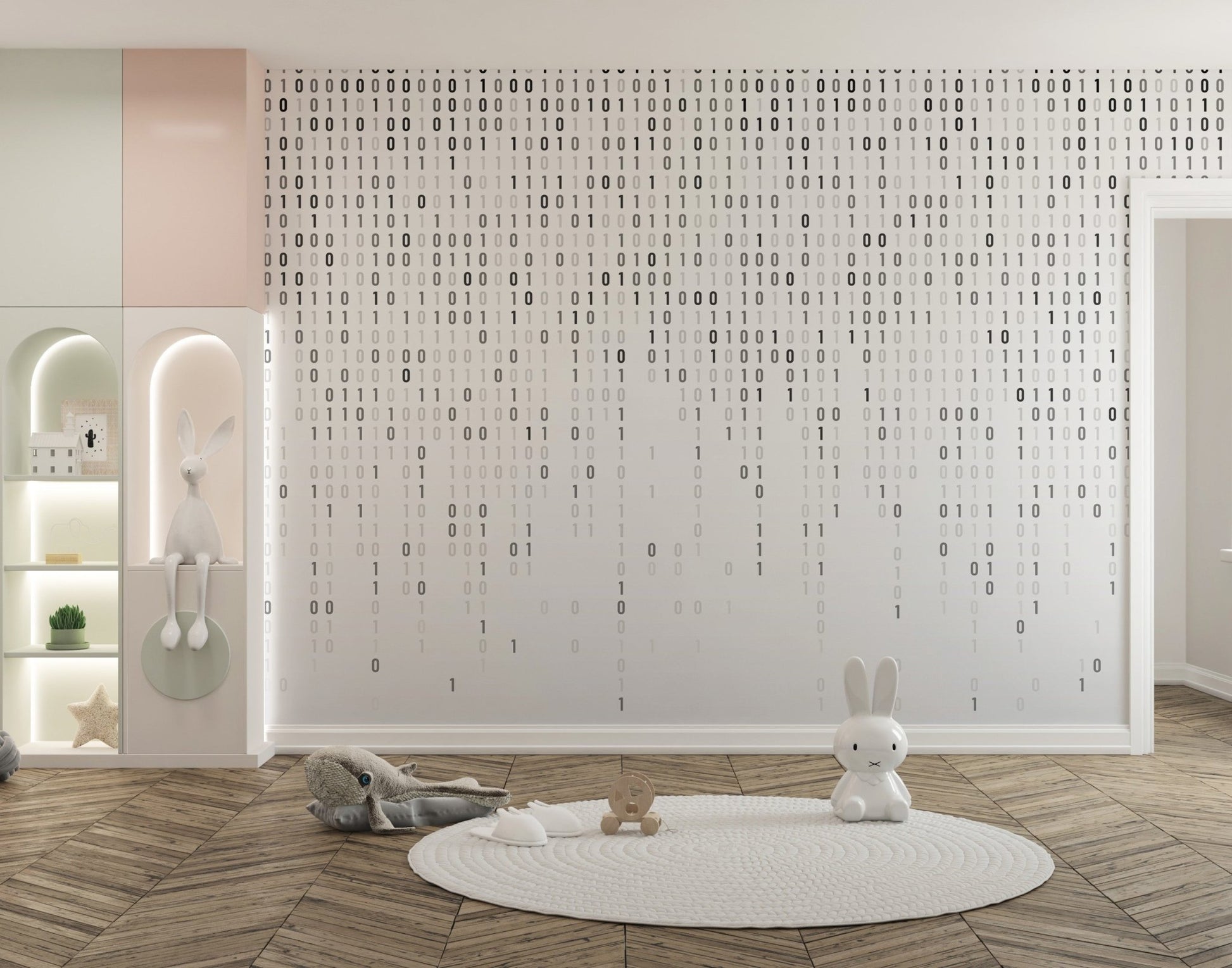 Binary code wallpaper mural in sleek grayscale design.