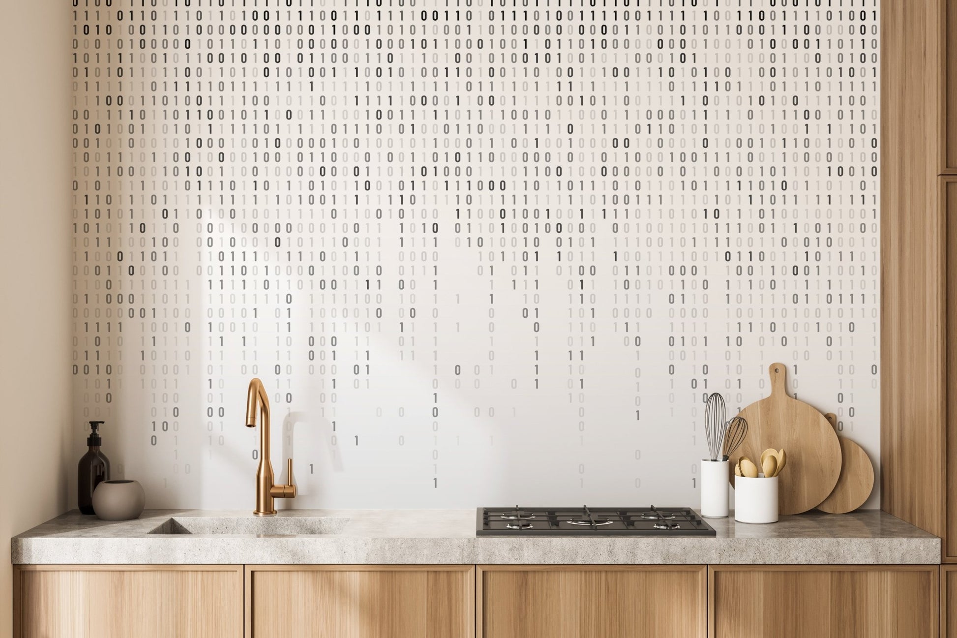 Modern binary wallpaper mural in black and gray color gradient.