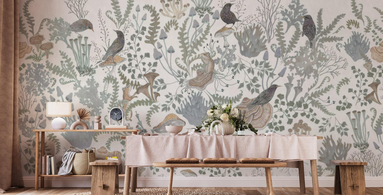 Birds and Leaves Wall Mural - Wallanza
