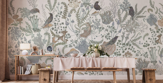 Birds and leaves wall mural with sage green botanical wallpaper.