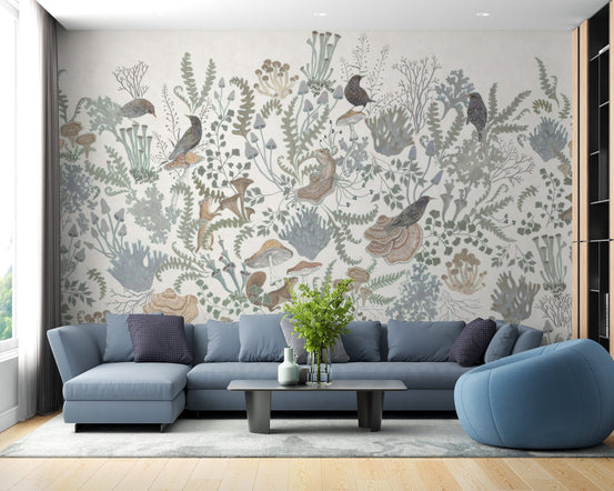 Soft neutral birds wallpaper with leafy branch elements.