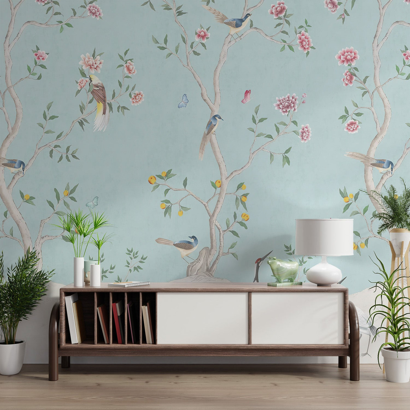 Detailed Birds and Roses Chinoiserie Wall Mural in a vintage style hallway.