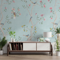 Detailed Birds and Roses Chinoiserie Wall Mural in a vintage style hallway.