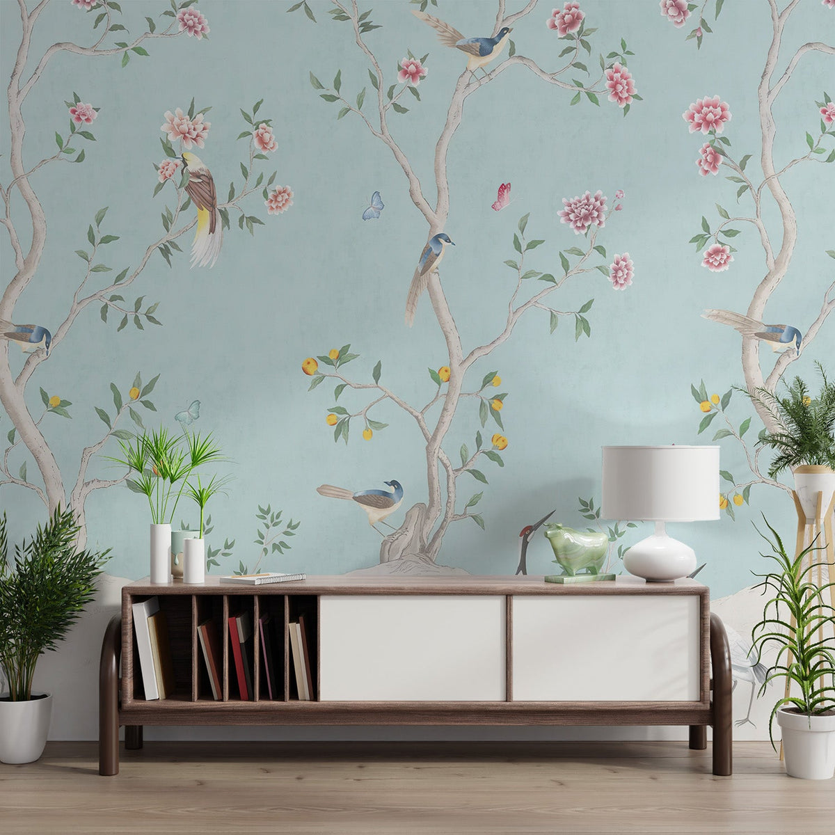 Detailed Birds and Roses Chinoiserie Wall Mural in a vintage style hallway.