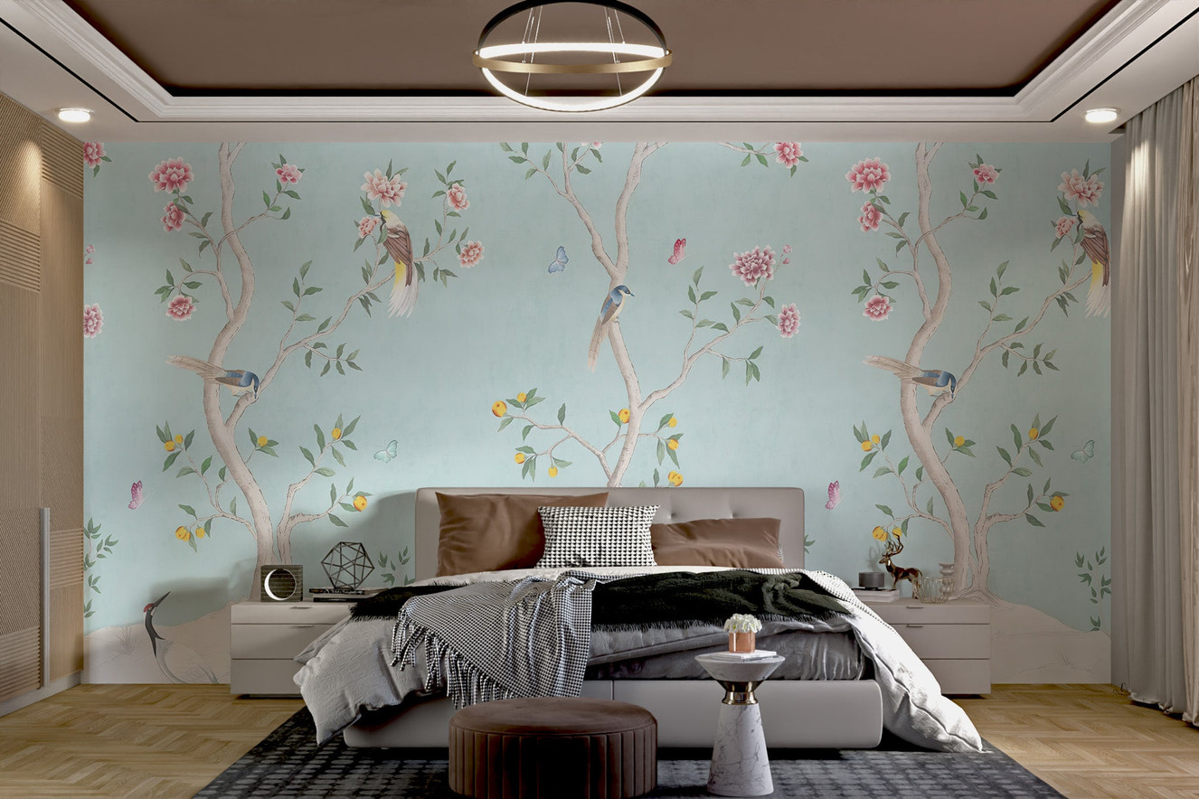 Light blue floral wall mural featuring songbirds and pink flowers.