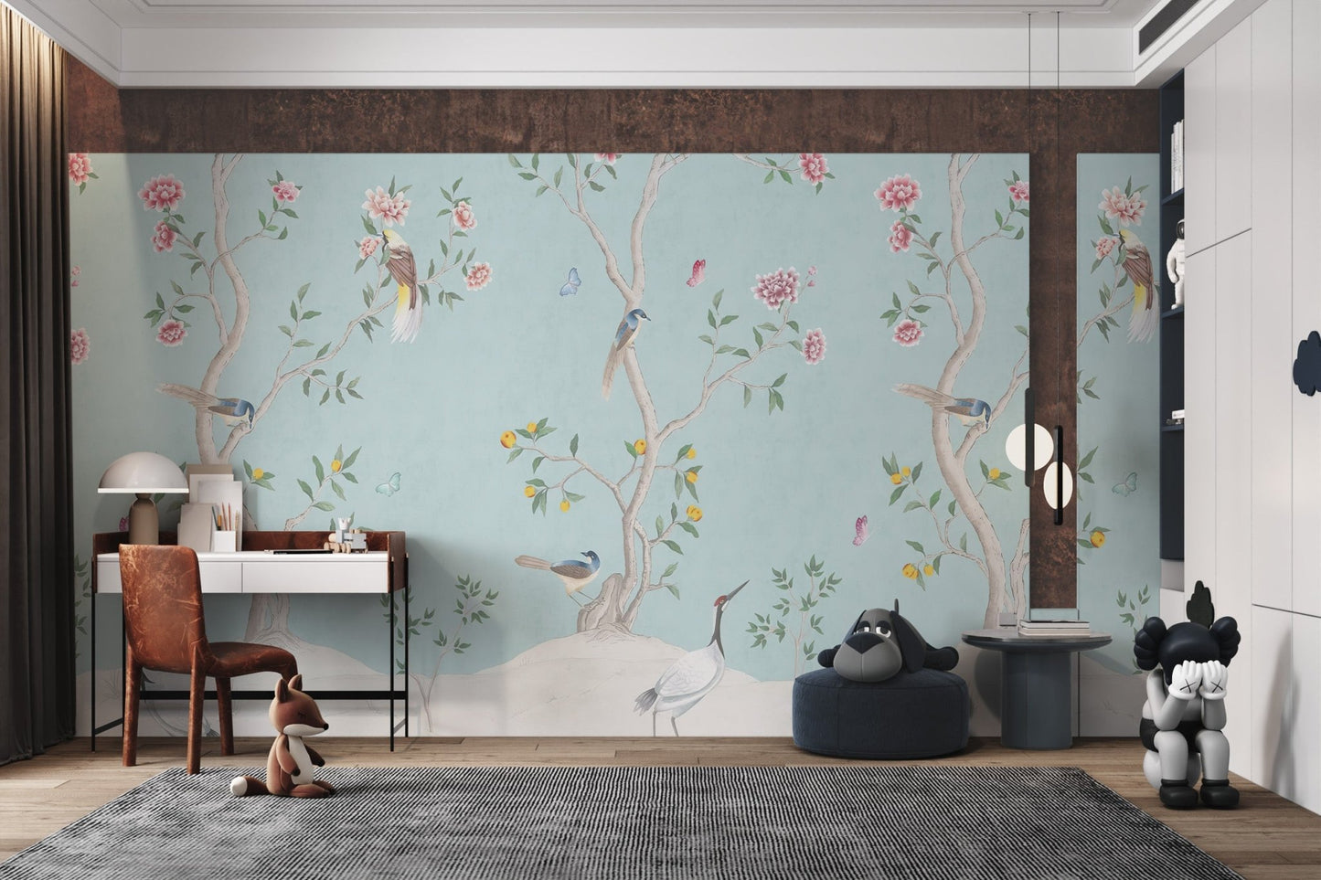 White tree and pink flower wall mural for a light blue study room theme.