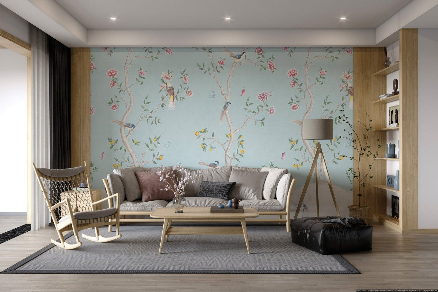Pink roses and white cranes chinoiserie wall mural for a living room.