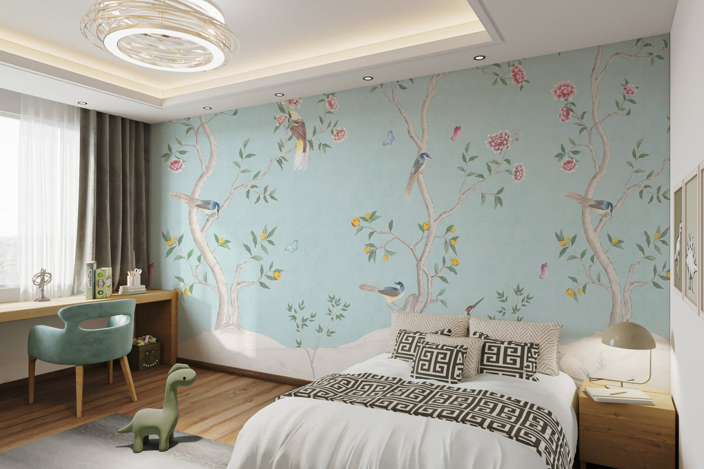 Blue Birds and Roses Chinoiserie Wall Mural for a classic master bedroom.