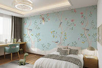Blue Birds and Roses Chinoiserie Wall Mural for a classic master bedroom.