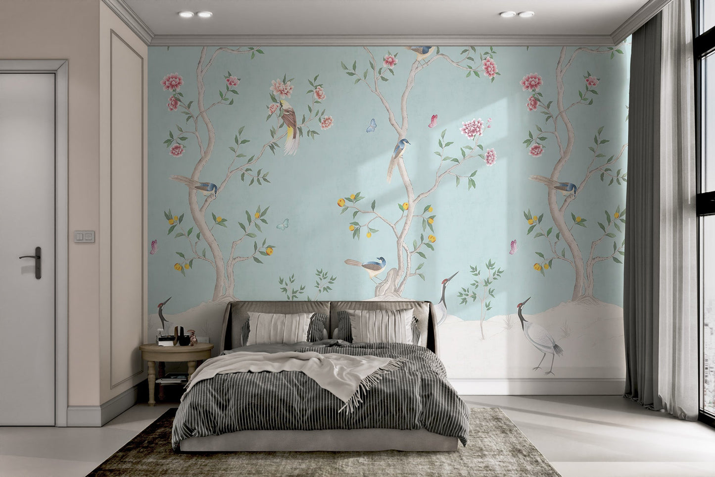 Pink peonies and birds wall mural with a light blue background.