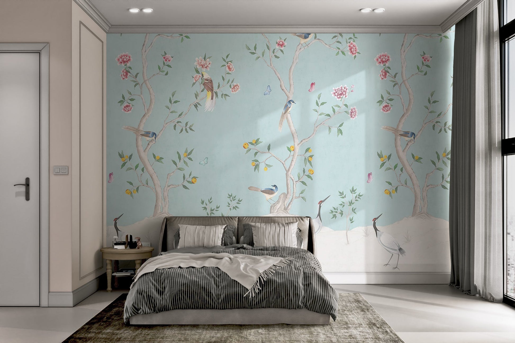 Pink peonies and birds wall mural with a light blue background.