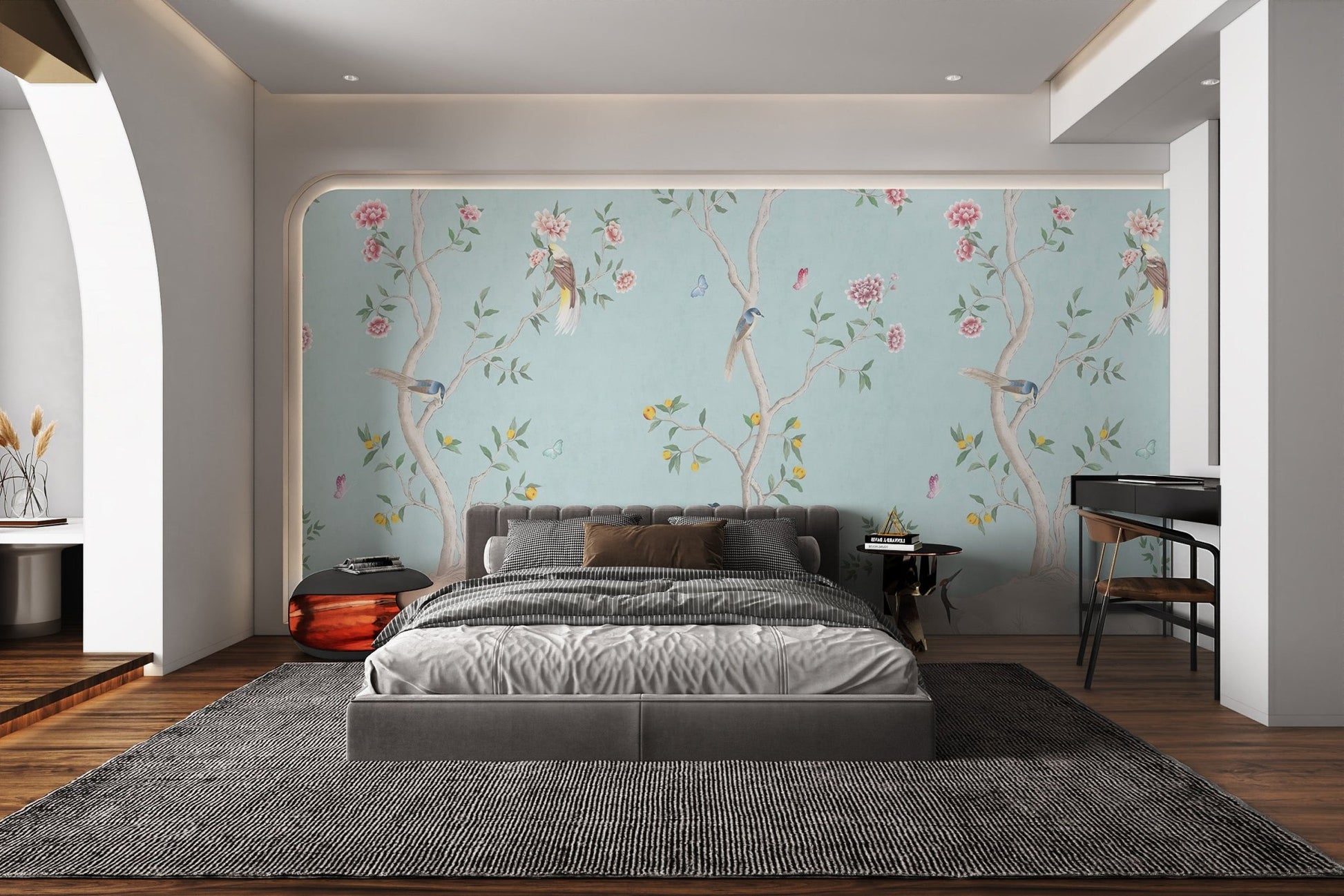 Blue Birds and Roses Chinoiserie Wall Mural for master bedroom.