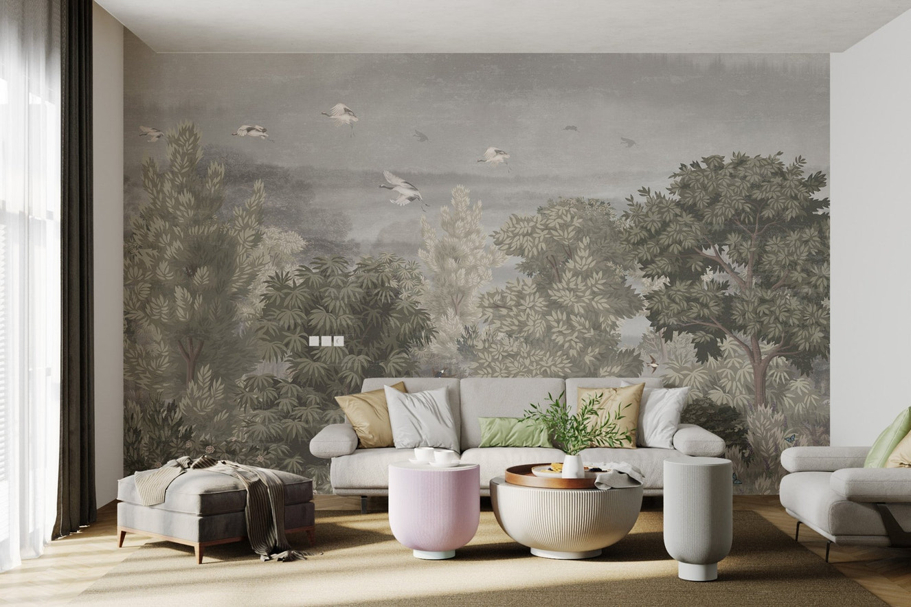 Vintage jungle wall mural with Grus birds and flowers in living room.