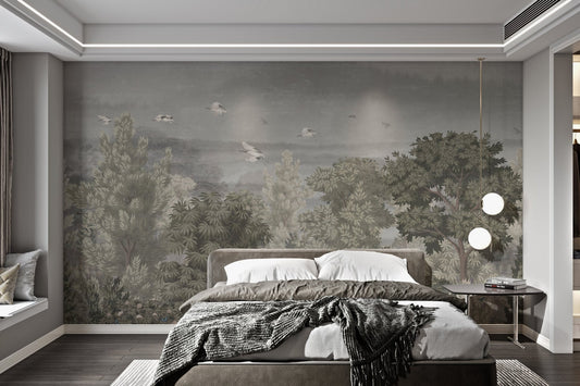 Grus birds in a floral vintage jungle pattern wall mural in master bedroom.