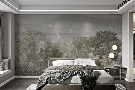 Grus birds in a floral vintage jungle pattern wall mural in master bedroom.