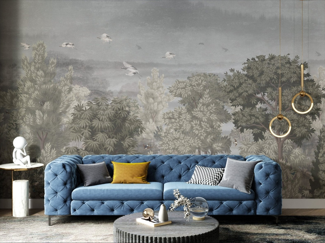 Vintage jungle pattern mural with flying birds wall mural in modern living.