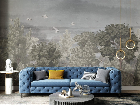 Vintage jungle pattern mural with flying birds wall mural in modern living.