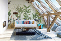 Attic living space featuring Birds Nature Watercolor mural and blue rugs.