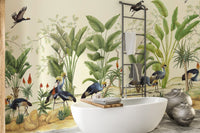 Nature birds watercolor wall mural in a bathroom with a white tub.