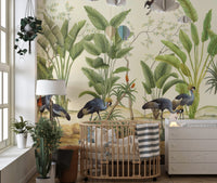Vibrant birds watercolor wall mural in toddler bedroom.