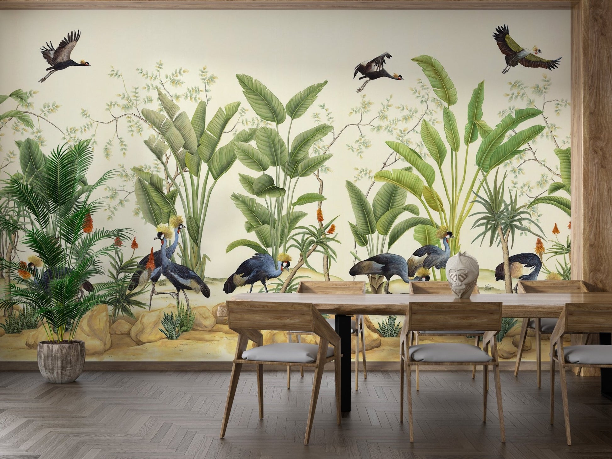 Floral birds watercolor mural in modern dining room.