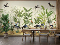 Floral birds watercolor mural in modern dining room.
