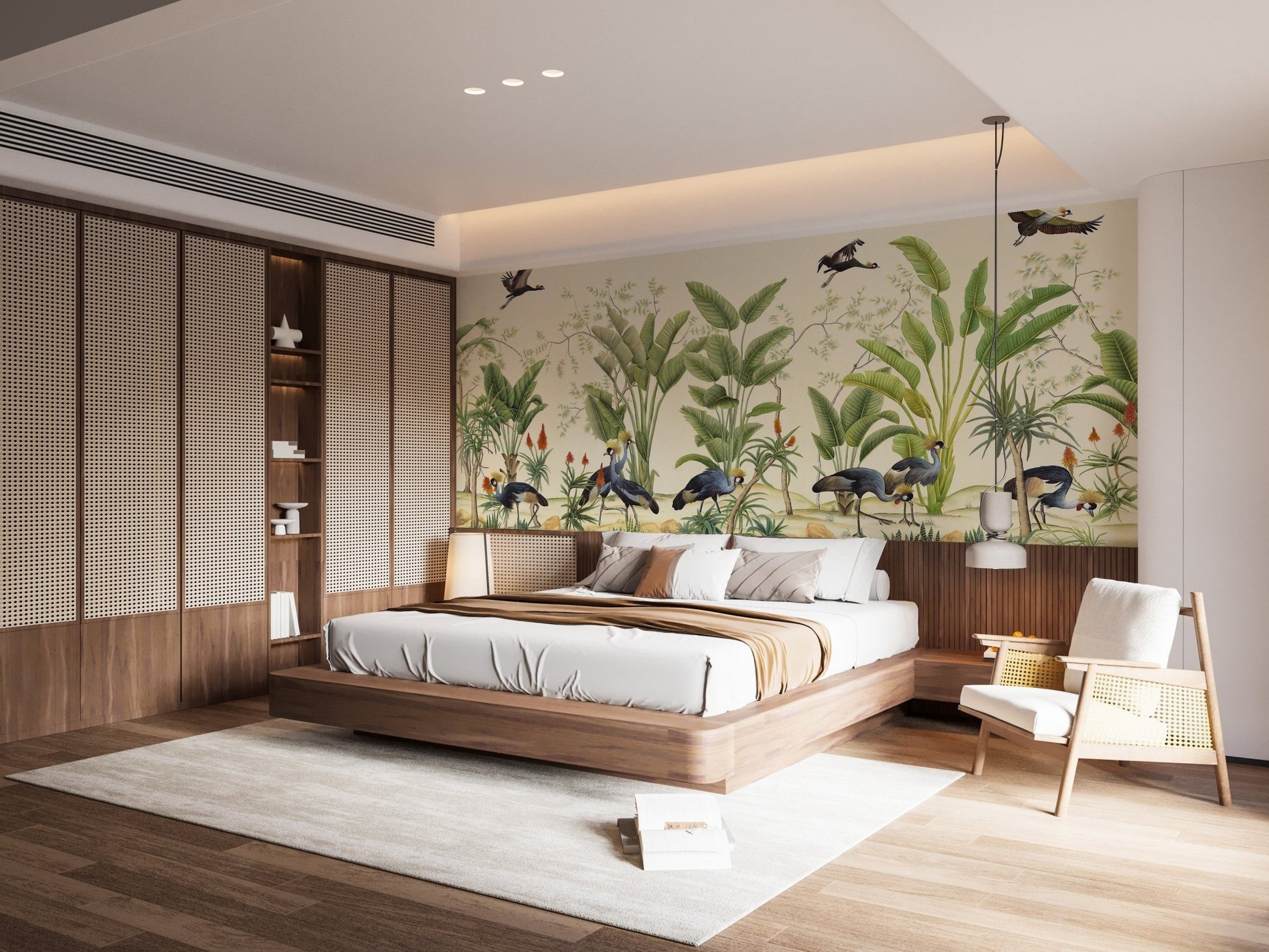 Contemporary bedroom featuring bed and Birds Nature Watercolor Wall mural