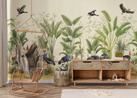 Elegant bird watercolor wall mural in kids nursery area.