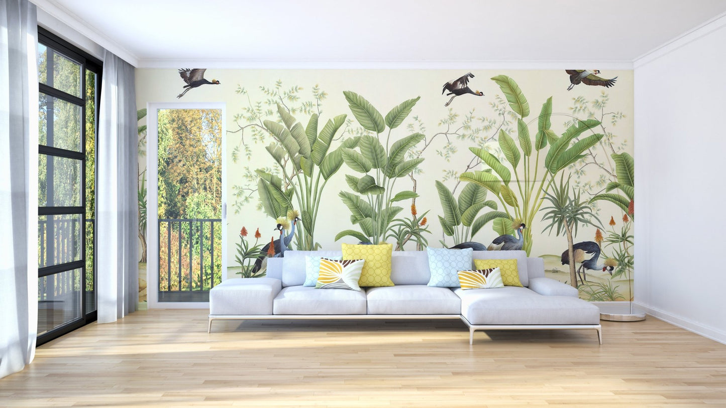 Artistic birds nature mural in Large living room.