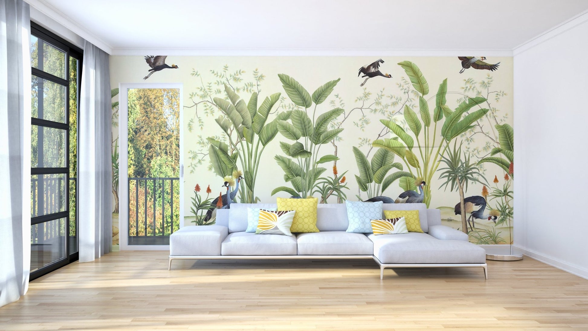 Artistic birds nature mural in Large living room.
