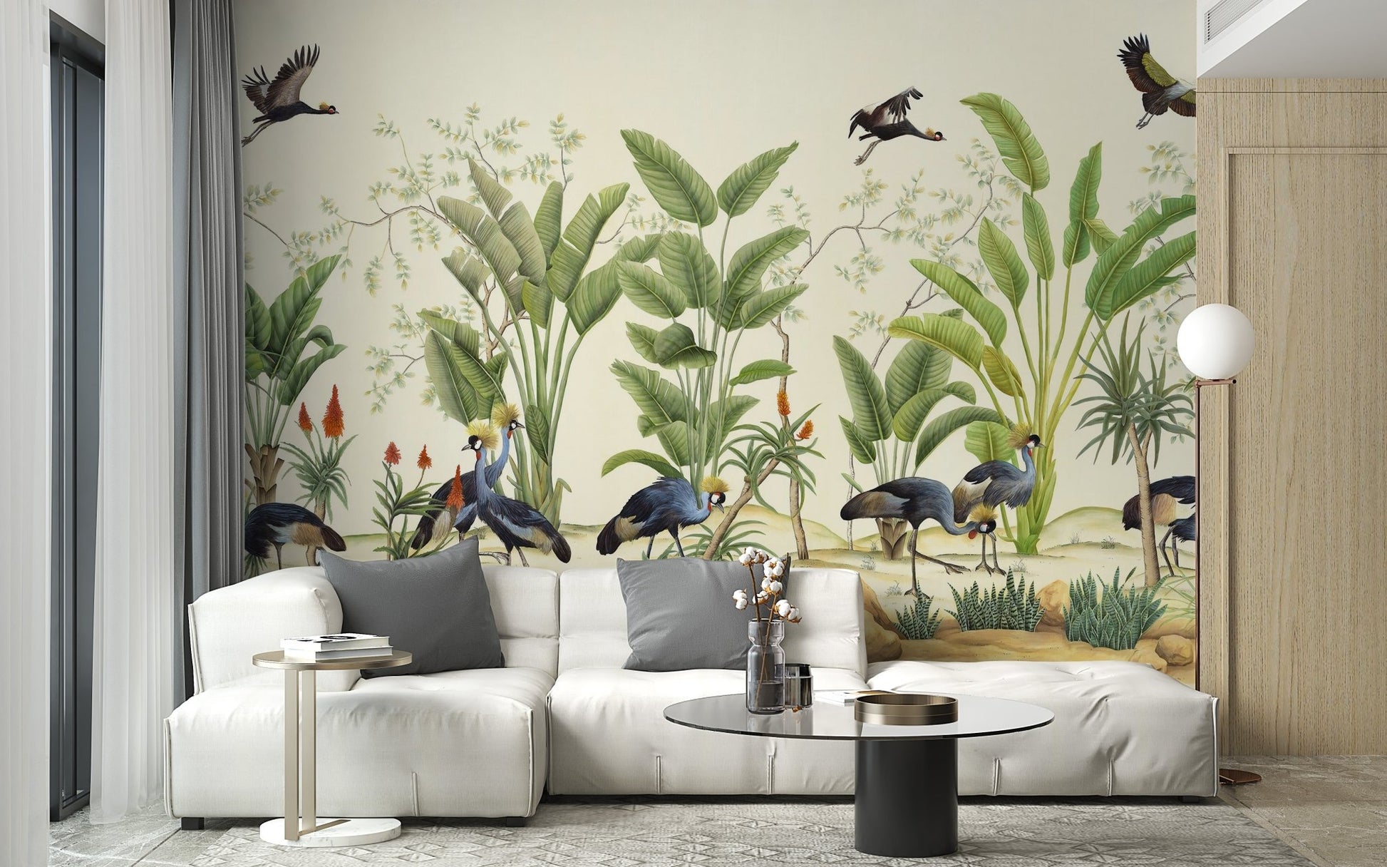 Birds nature watercolor wall mural in modern living room.
